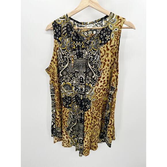 Seven Island Top Women 2X Black Brown Tan Paisley Print Sleeveless Caged Front - Picture 1 of 8